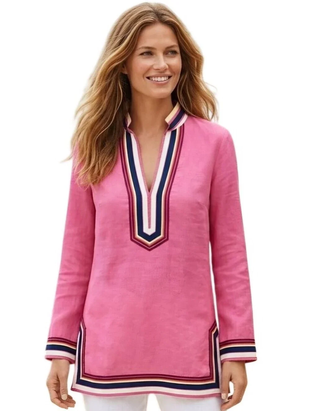 Tory Burch Pink Cotton Tunic Ribbon Striped Hems Size 2